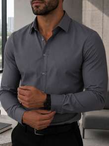 Men's Long Sleeve Spandex Dress Shirt - 深灰色 - 查看 1