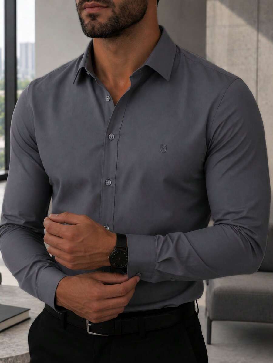 Men's Long Sleeve Spandex Dress Shirt - 深灰色 - 查看 1