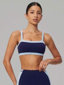 Sodalemon Bra Olahraga Wanita, Desain Blok Warna, Bantalan yang Dapat Dilepas, Atasan Tank Pendek Elastis Lembut, Tali Bahu Lurus, Pakaian Olahraga Yoga - Navy Blue - View 4
