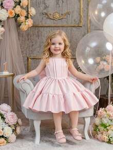 Baby Girls Square Neck Solid Color Bow Satin Cute Princess Dress For 1st Birthday Party And Daily Wear, Headband Not Included - Dusty Pink - View 4