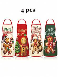 4Pcs Gingerbread Man Christmas Kitchen Aprons Set, Merry Christmas Candy Cane Printed Adjustable Cooking Chef Aprons, Holiday Decor Aprons For Women Men, Home Baking Grilling Xmas Party Gift - Multicolor - View 4