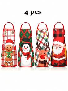 4 Pcs Christmas Buffalo Plaid Character Print Apron Set, Santa Snowman Reindeer Gingerbread Pattern Kitchen Cooking Baking Aprons For Holiday Party Home Decoration - Multicolor - View 4