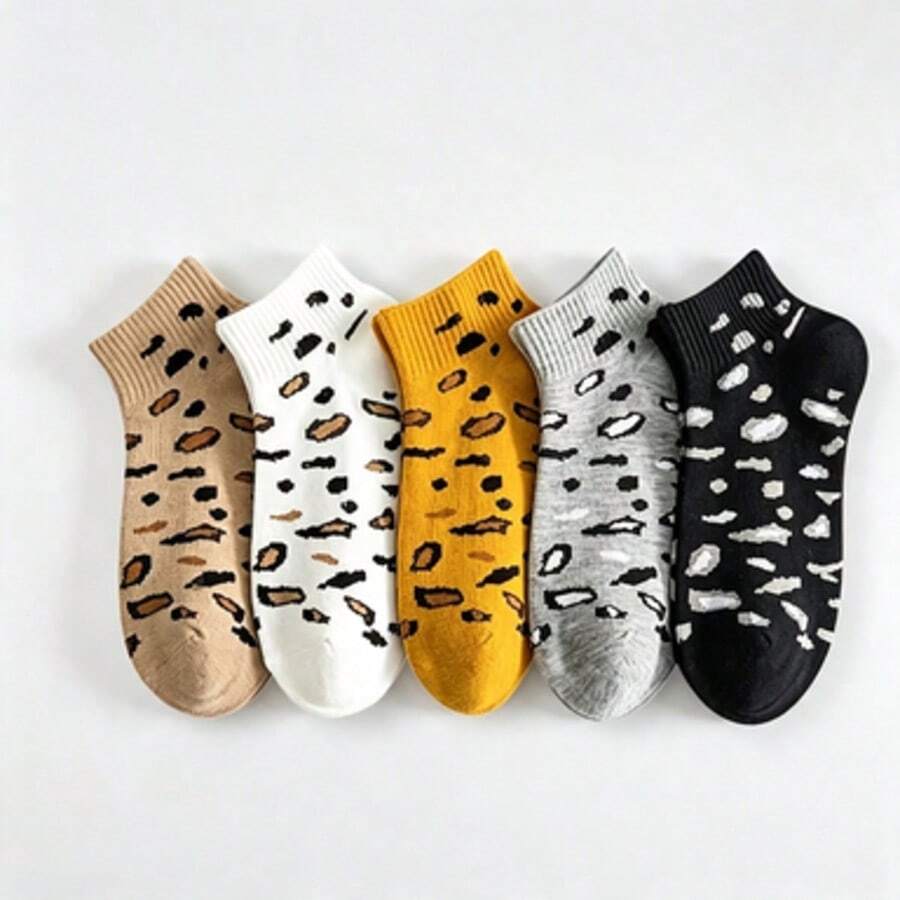 5 Pairs Women's Leopard Print Short Socks, Casual Soft Everyday Short Socks - A - View 1