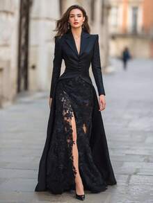 Vestidos Elegantes para Fiesta, Vestido Largo Elegante Fiesta de Encaje Negro con Abertura, Chaqueta Estilo Blazer de Manga Larga, Dos Piezas, Mujer - Negro - Ver 9