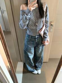 Women's Polka Dot Knit Cardigan, Off-Shoulder Design, Waist-Cinching Slim Fit, Long Sleeve Sweater, Suitable For Early Autumn - Grey - View 5