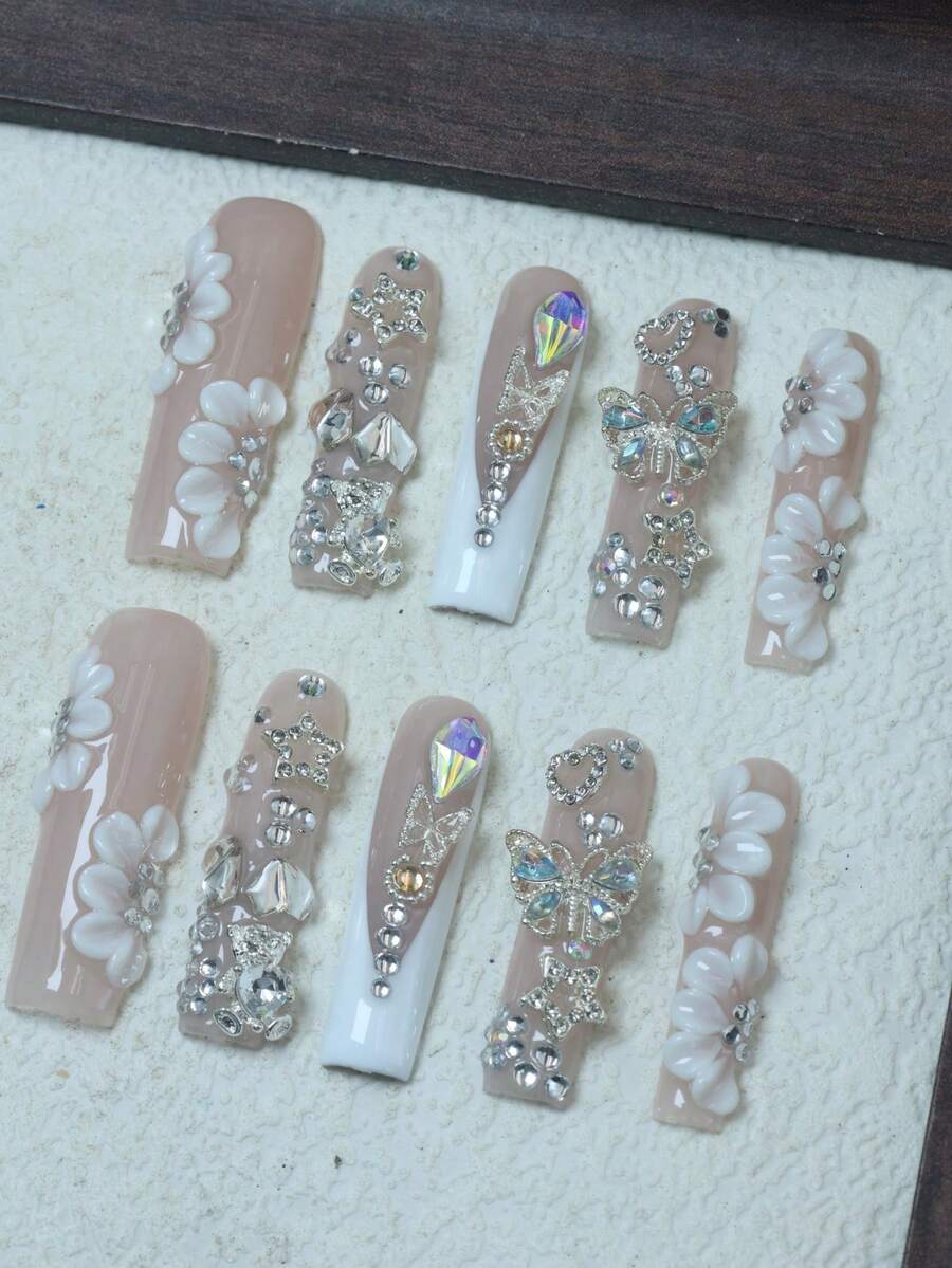 CrystalHola 10pcs Handmade Fully Covered Coffin Nails Press On Nails,Y2K .Nude And White With Embossed Details, Rhinestones, And French Tip Nails. Three Sizes , Fits Parties, Weddings, And Wear Daily.Reusable,With Jelly Glue&Nail File.A Great Gift For Girls