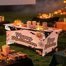 1pc Cartoon Happy Halloween Slogan Printed High Elasticity Tablecloth With Elastic Band - Stretchable Fit, Washable And Reusable Table Cover - Suitable For Dining Table, Buffet Table, Dessert Table, Banquet, Holiday Party Decoration, Halloween, Birthday, Wedding - Suitable For Kitchen Use - Multicolor - View 1