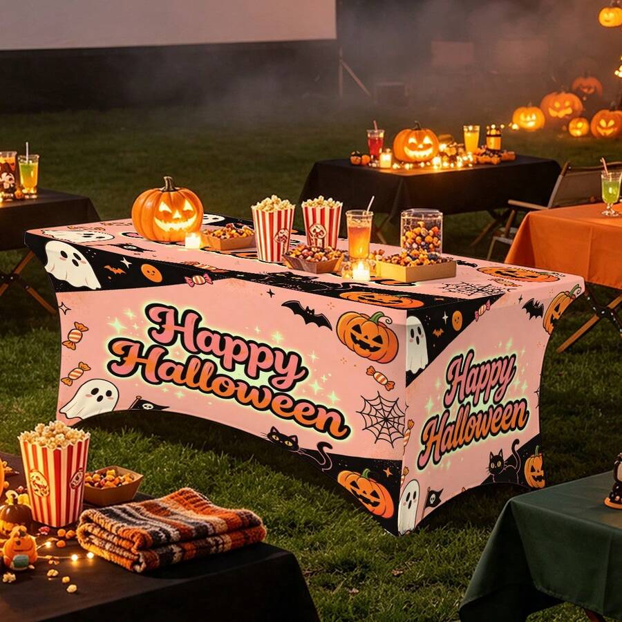1pc Cartoon Happy Halloween Slogan Printed High Elasticity Tablecloth With Elastic Band - Stretchable Fit, Washable And Reusable Table Cover - Suitable For Dining Table, Buffet Table, Dessert Table, Banquet, Holiday Party Decoration, Halloween, Birthday, Wedding - Suitable For Kitchen Use - Multicolor - View 1
