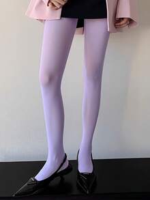 1pc Lavender Purple High Waist Elastic Women's Leggings, Paired With Fashionable Height-Increasing Slimming Pants - Lilac Purple - View 2
