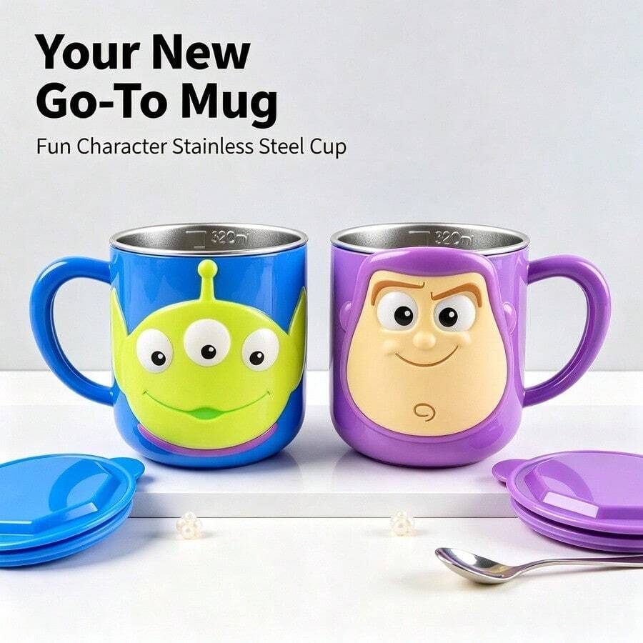 Disney Buzz Lightyear 3D Stainless Steel Inner Cup With Handle And Lid, Beverage Coffee Cup With Measurement Lines, Classic Toy Story, Alien Pattern Design, Easy To Clean Cup, Ideal Birthday Gift, Back To School Gift - Multicolor - View 1