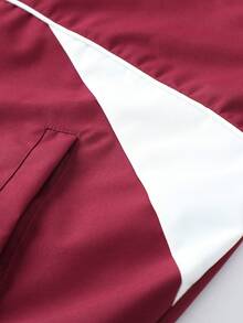Men's Burgundy & White Line Trim Stand Collar Jacket, Contrast Letter Patchwork, American Retro Loose Streetwear Sports Jacket - Burgundy - View 7