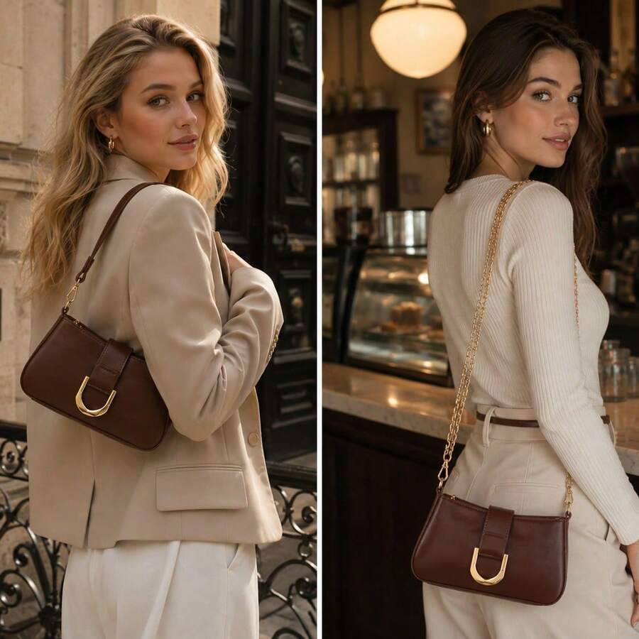 Bolsa Feminina Baguete Couro PU Bolsa de Ombro Transversal com Corrente Dourada Elegante Luxo Moda para Trabalho Faculdade Shopping Passeio Festa Viagem - Café - Visão 1