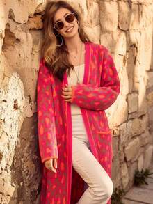 Plus Size Hot Pink Leopard Print Long Cardigan Sweater, Open Front Knit Coat With Pockets For Fall Winter - Multicolor - View 4