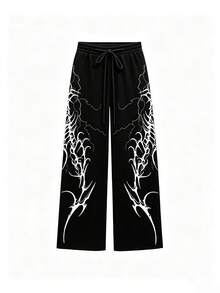 Men's High Street Vintage Distressed Black With White Thorn & Flame Pattern Drawstring Wide Leg Sweatpants - Black - View 3