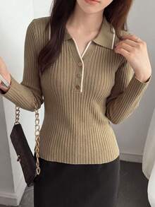 Women's Polo Collar Knit Sweater, Autumn/Winter White Contrast Ribbed Slim Fit Top, Daily Commute Date Versatile Korean Soft Style Base Layer Fall - Camel - View 7