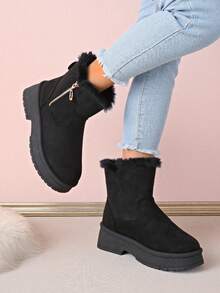 Sepatu Bot Ankle Wanita, Sepatu Bot Musim Dingin Platform Motif Leopard - Hitam - View 4