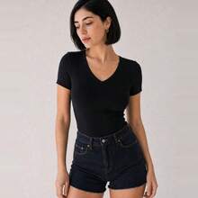 Blusa Feminina Soft Slim Canelado Gola V - Preto - Visão 4