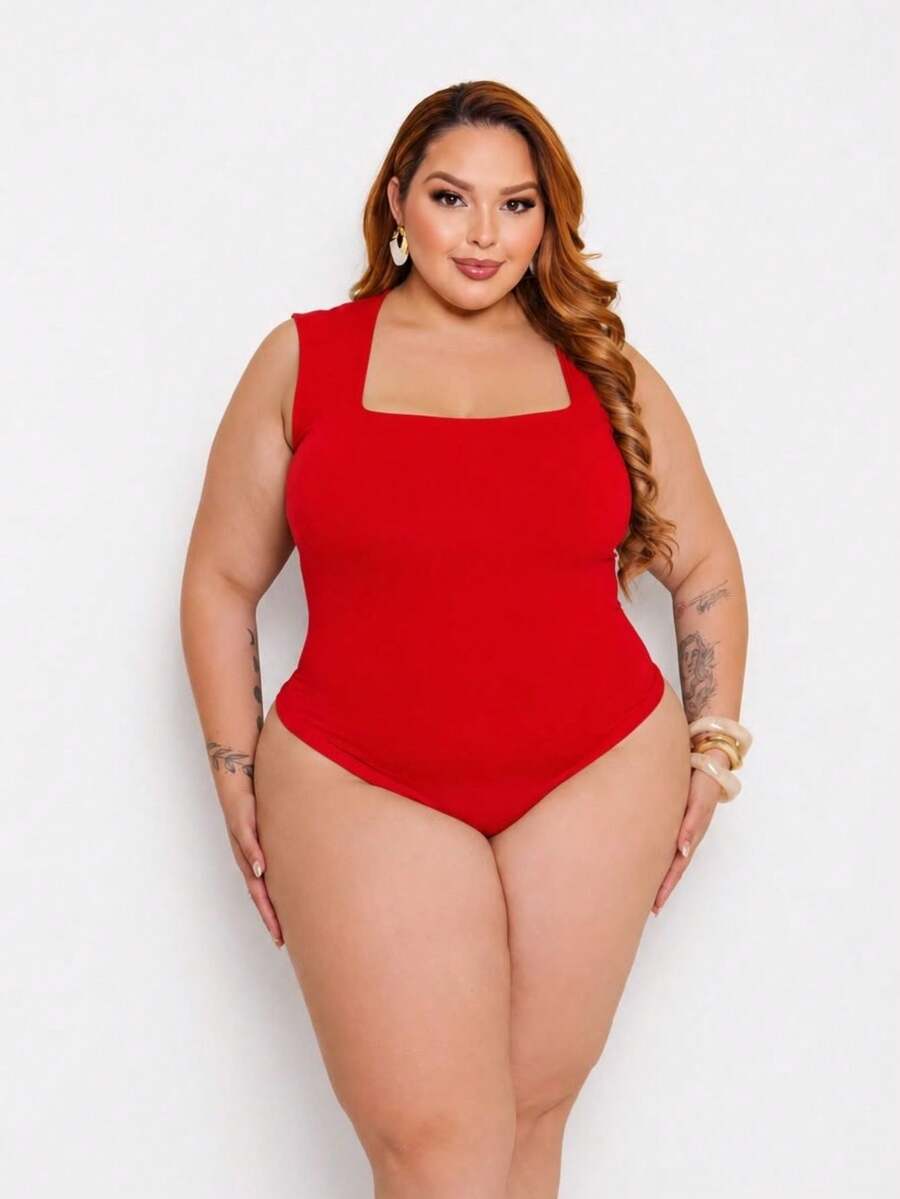 Women's Plus Size Short Sleeve Square Neck Bodysuit With Closure - 紅色 - 查看 1
