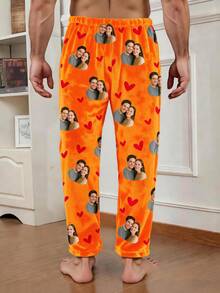 Men's Customized Photo Print Pajama Pants, Black With Personalized Couple And Red Heart Pattern, Soft Fleece Fabric, Casual Style, Couple Gift - Orange - View 6