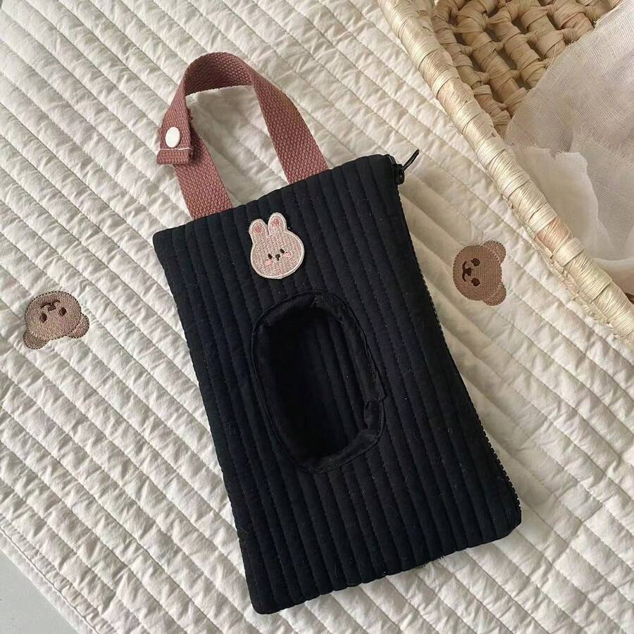 1pc Embroidered Cartoon Animal Tissue Bag, Portable Car Tissue Storage Bag, Reusable Wet Wipe Storage Bag, Random Animal Print Pattern - View 1