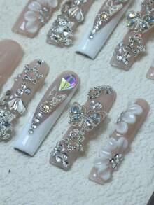 CrystalHola 10pcs Handmade Fully Covered Coffin Nails Press On Nails,Y2K .Nude And White With Embossed Details, Rhinestones, And French Tip Nails. Three Sizes , Fits Parties, Weddings, And Wear Daily.Reusable,With Jelly Glue&Nail File.A Great Gift For Girls - Multicolor - View 5