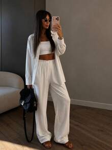 Chic Women's Striped Two Pieces Set Long Sleeve Shirt Collar Top And Matching Wide-Leg Pants, Perfect For A Relaxed Yet Polished Everyday Style - White - View 3