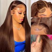 Dollface Human Hair Wig, Straight Lace Front, 13x4/13x6, HD 180 Density Transparent Mesh, Chocolate Brown #4, Free Line, 18-36 Inches, Pre-Plucked Hairline With Baby Hairs, Custom Cut, Soft Texture - S4 - View 3