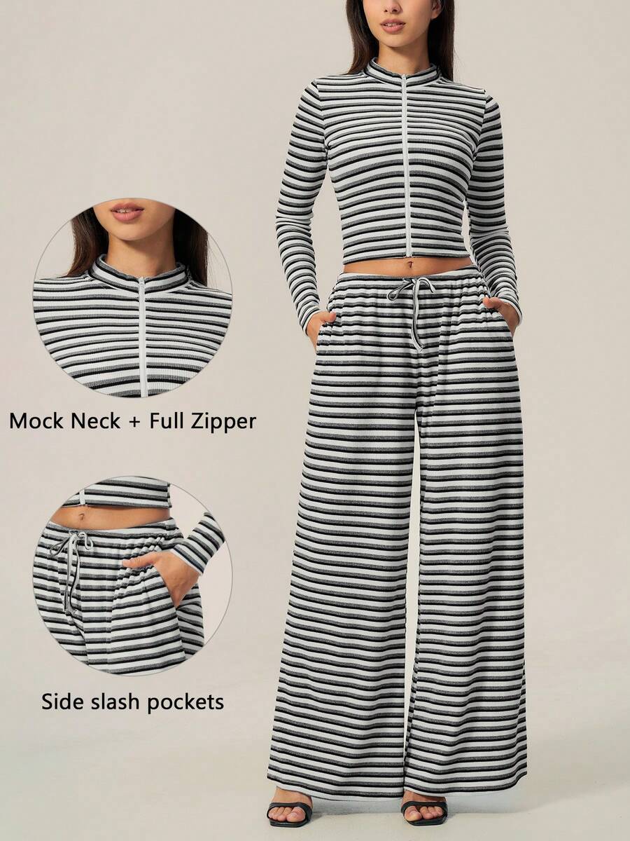 TimeOff Women's Two-Piece Set: Autumn/Winter Contrast Stripe Stand Collar Zip-Up Jacket And Drawstring Waist Wide-Leg Pants - Black - View 1