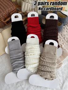 3/5 Pairs Random Women's Solid Color Ribbed Ruffle Edge High Elastic Warm Soft Knit Socks, Preppy Style, Suitable For Winter Daily Wear - Multicolor - View 12