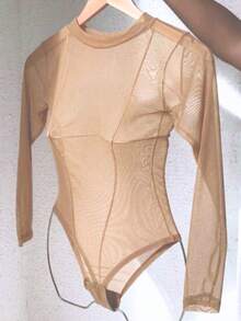 Plus Size Round Neck Tulle Bodysuit With Elastane, Sizes G1, G2, G3, Plus Size Women's Fashion - 米色 - 查看 4