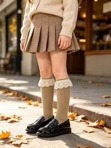 3 Pairs Kids Simple Lace Solid Color High Tube Socks, Autumn/Winter Vintage School Style Girls Mid-Calf Socks, Back To School Season - Multicolor - View 8