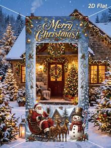 1件裝聖誕藍色拍照背景布，附Merry Christmas文字、聖誕老人、雪人、雪橇與馴鹿圖案，120*60cm乙烯基聖誕掛式拍照背景布，相框背景道具，聖誕裝飾，聖誕節裝飾，假期派對背景裝飾，聖誕拍照道具，居家派對用品，室內/室外裝飾，冬季居家裝飾，亦適用於新年裝飾 - 彩色 - 查看 11