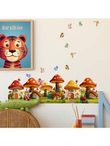 1pc Home Wall Decor Sticker Mushroom Butterfly PVC Self-Adhesive Wall Decal Removable Damage Free Fairy Tale Forest Cute Living Room Bedroom Background Wall Decoration - Mushroom Butterfly - View 4