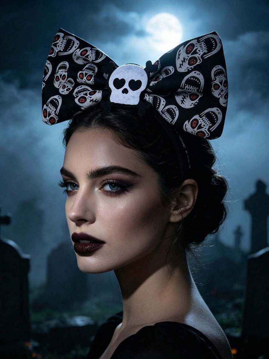 1pc Halloween Skull Print Bow Headband, Party Costume Hair Accessory, Vintage Halloween Decor Gift - Multicolor - View 1