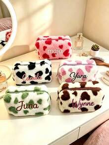 Customized Embroidered Name Plush Makeup Bag, Cute Heart Print Fluffy Cosmetic Bag, Portable Zipper Toiletry Organizer Pouch, Personalized Gift For Women Girls Travel Use - Multicolor - View 3