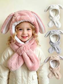 Children's Thickened Ear-Flap Beanie Hat, Cartoon Rabbit Ears Plush Scarf Hat, Cute Autumn/Winter - Multicolor - View 1
