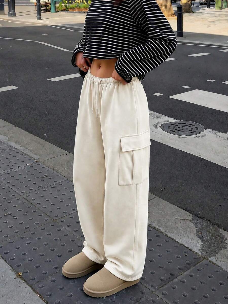 Autumn/Winter Green Suede Wide Leg Cargo Pants With Elastic Waist Drawstring Loose Drape Casual Slouchy Women's Long Pants White - White - View 1