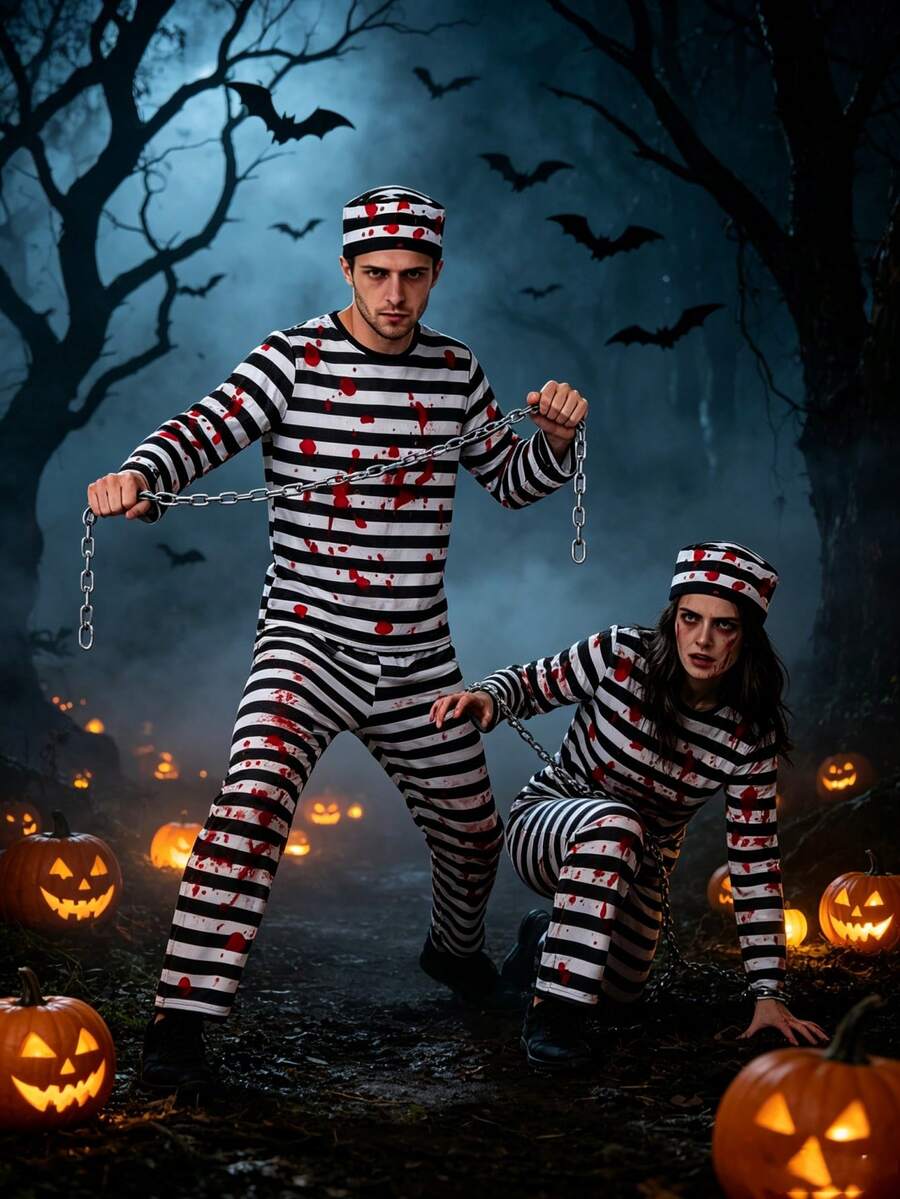 Men's Halloween Striped Cosplay Costume, Includes Top + Pants + Hat - Multicolor - View 1