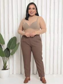 Plus Size Round Neck Tulle Bodysuit With Elastane, Sizes G1, G2, G3, Plus Size Women's Fashion - 米色 - 查看 3