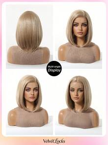 [Velvet Locks]New 13*4 Glueless Front Lace Wig, 12 Inch Flaxen Gold Short Straight Hair, Fashionable Women's No Bangs Pre-Trimmed Heat-Resistant Synthetic Hair, Soft And Smooth, Suitable For Beginners, Daily Wear, Y2K Style, Party, Cosplay, Dance, Travel, Holiday - 亞麻金 - 查看 9