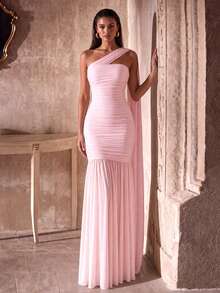 UNITHORSE Strapless Flared Waist Pleated Chiffon Evening Gown Dress - Baby Pink - View 3