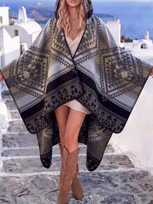 1pc Bohemian Pattern Jacquard Hooded Cape Shawl, Women's Autumn/Winter Fashion Versatile Warm Poncho Cardigan Jacket, Suitable For Daily Wear, Travel - Grey-black - View 5