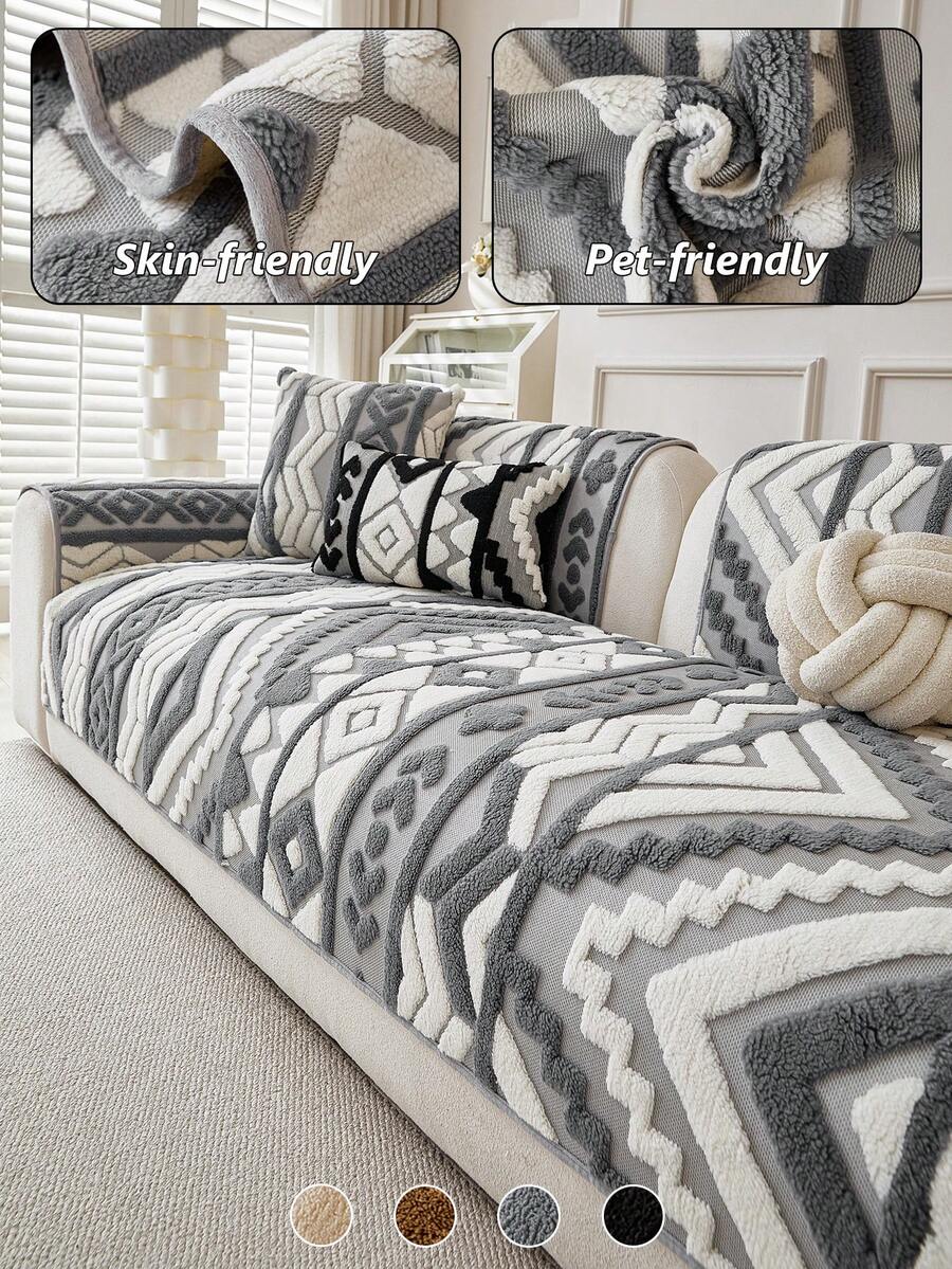 1PC Premium 3D Tufted Sherpa Fabric Sofa Cover, 1-Pack Non-Slip Couch Protector, Soft Cozy Sofa Mat For Living Room & Bedroom - Grey - View 1