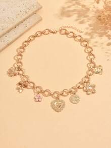 1 pièce Collier chaîne clavicule à pendentif multi-éléments avec décoration florale et nœud, bijou de cou de style vacances mode pour femmes, convient pour le port quotidien et les rassemblements de fête - Multicolore - Voir 2