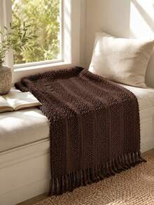 1pc Solid Color Knitted Blanket, Nordic Style Tassel Decor Soft And Lightweight Throw, Multi-Functional Comfortable Blanket, Suitable For Sofa Bed, Office Nap Blanket, Home Bedroom Decor, Daily Indoor Use - Brown - View 6
