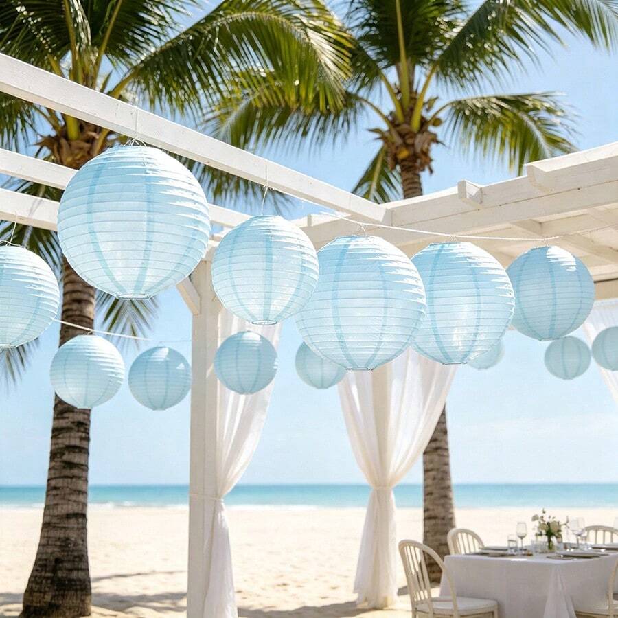 7 st ljusblå runda papperslyktor, vikbara hängande papperslyktbollar, lämpliga för födelsedagskalas, baby shower, trädgårds- och bakgårdsbröllop, födelsedagsbjudning, takdekoration för inomhus- och utomhusbruk - Som visas - Visa 1