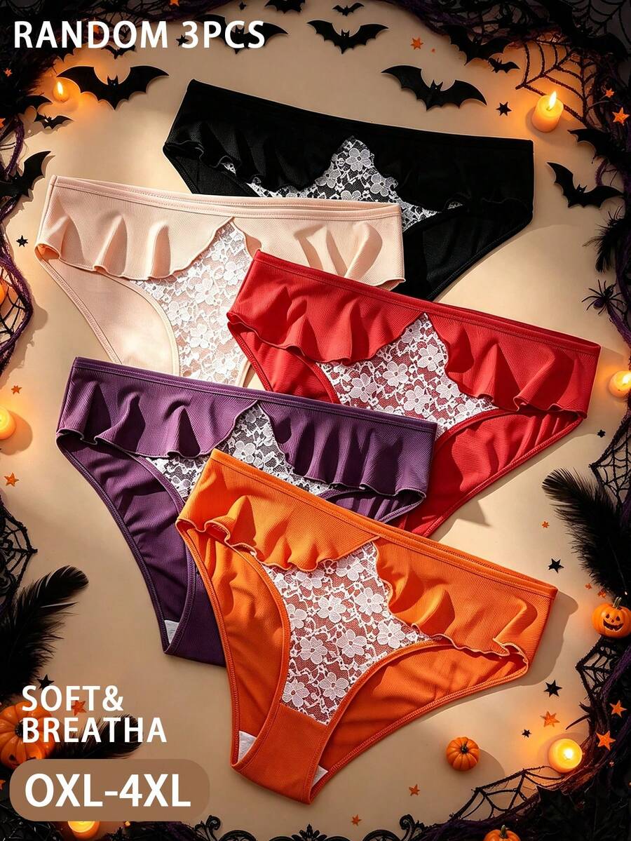 3 piezas aleatorias de bragas tipo bikini de encaje floral con volantes, talla grande, tema de Halloween, multicolor, transpirables, cintura media, 0XL-4XL - Multicolor - Ver 1