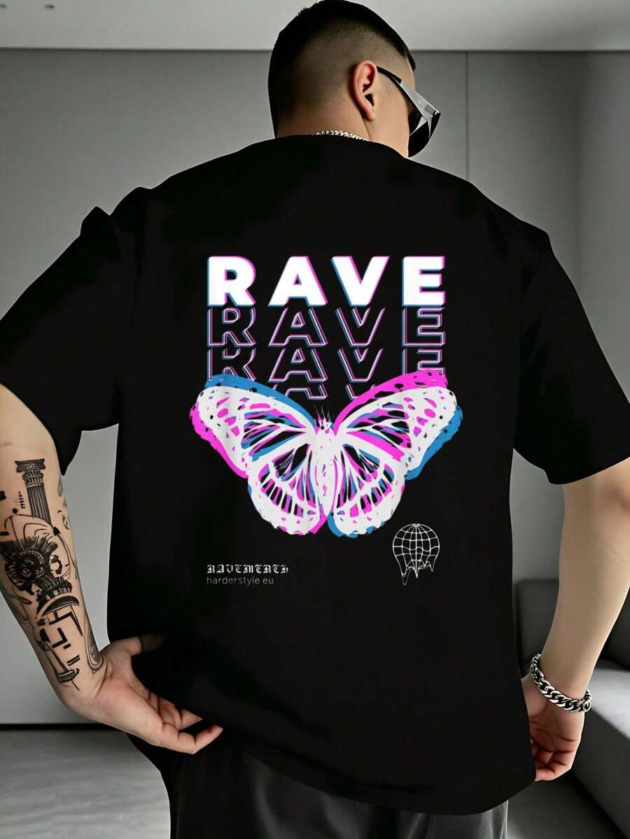 The New Carnival Butterfly Electronic Music Hardcore Dance Men's T-Shirt Features A Round-Neck Short-Sleeved Design. - 黑色 - 查看 1