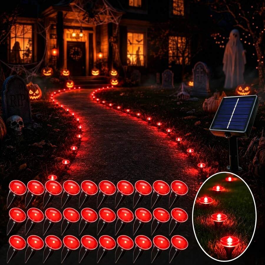 UMEUC 30 Pack Red Solar Lights Outdoor Waterproof, 8 Modes Auto On/Off IP54 Solar Garden Lights, Spooky Blood Red Pathway Lights For Halloween Yard Patio Lawn Driveway Walkway Decor - 紅燈 - 查看 1