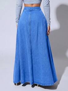 HAPPY GIRL#Spring Autumn Versatile Fashion Casual Elegant Holiday Vacation Daily Date Travel Airport Outfit Denim Women's A-Line Denim Skirt - Blue - View 5